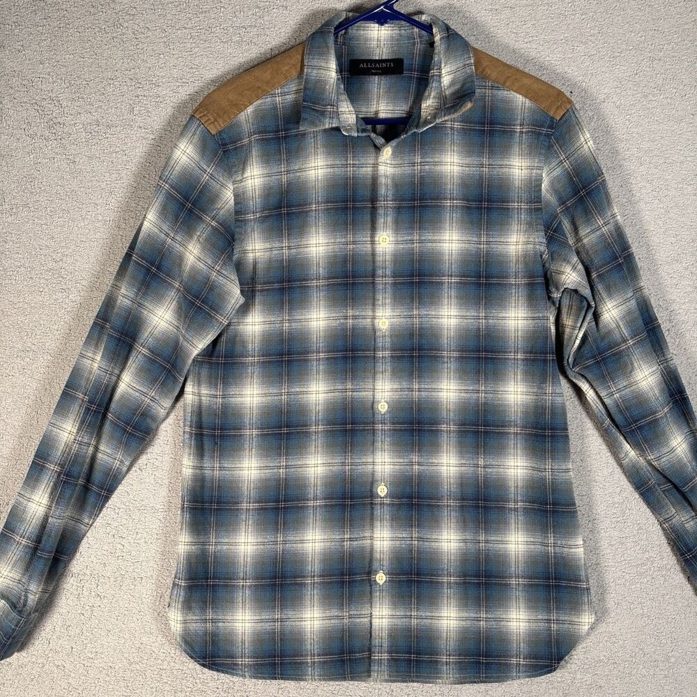All Saints Plaid Shirt Men's Size S Dresher Blue White Windowpane Suede Yoke